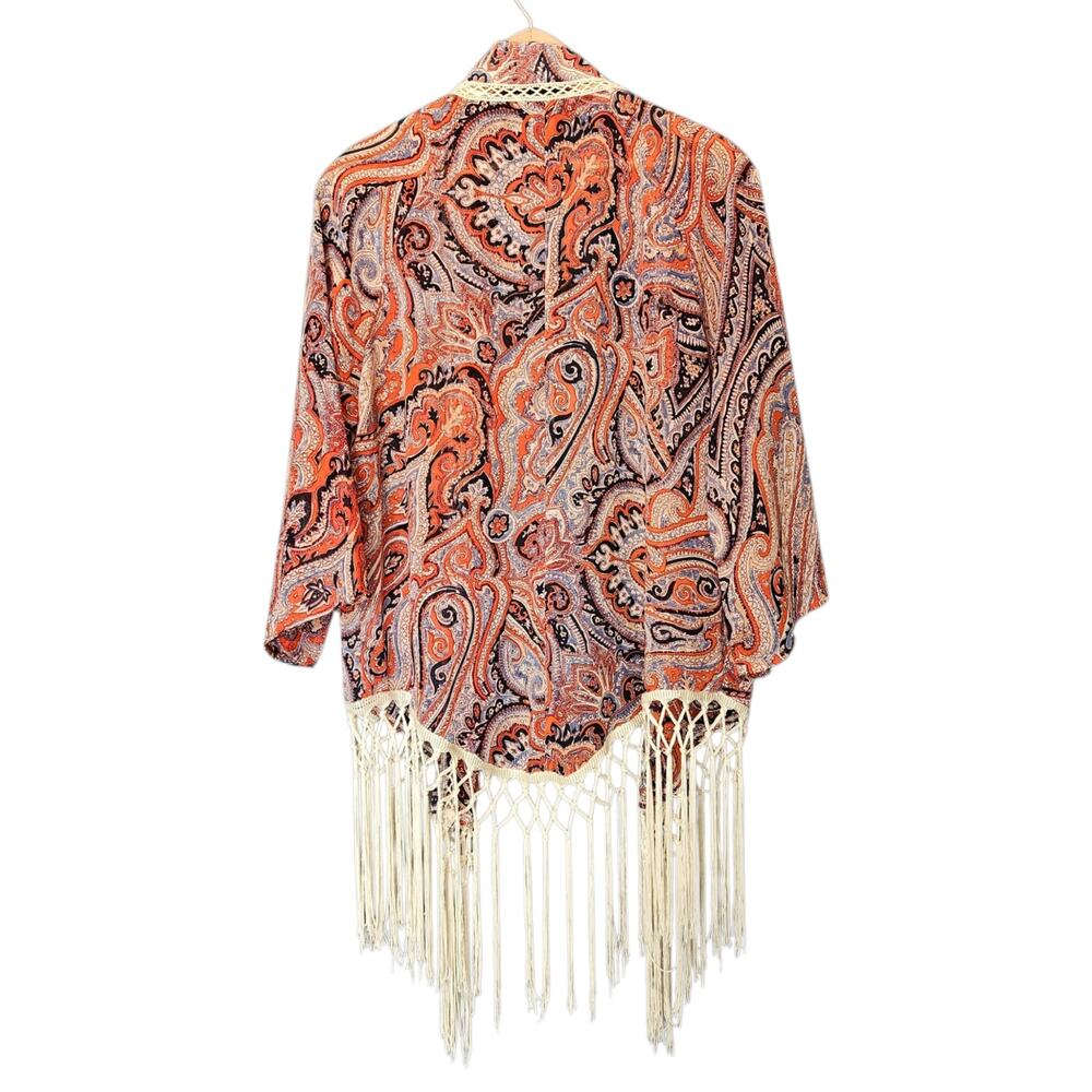 Miss Me Boho Style Paisley Print Open Front Cardigan Fringe Hem Festival Small - Picture 3 of 14